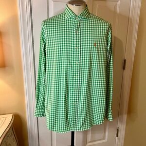 EUC Men's Polo Ralph Lauren Performance Shirt Green White Gingham Size LARGE